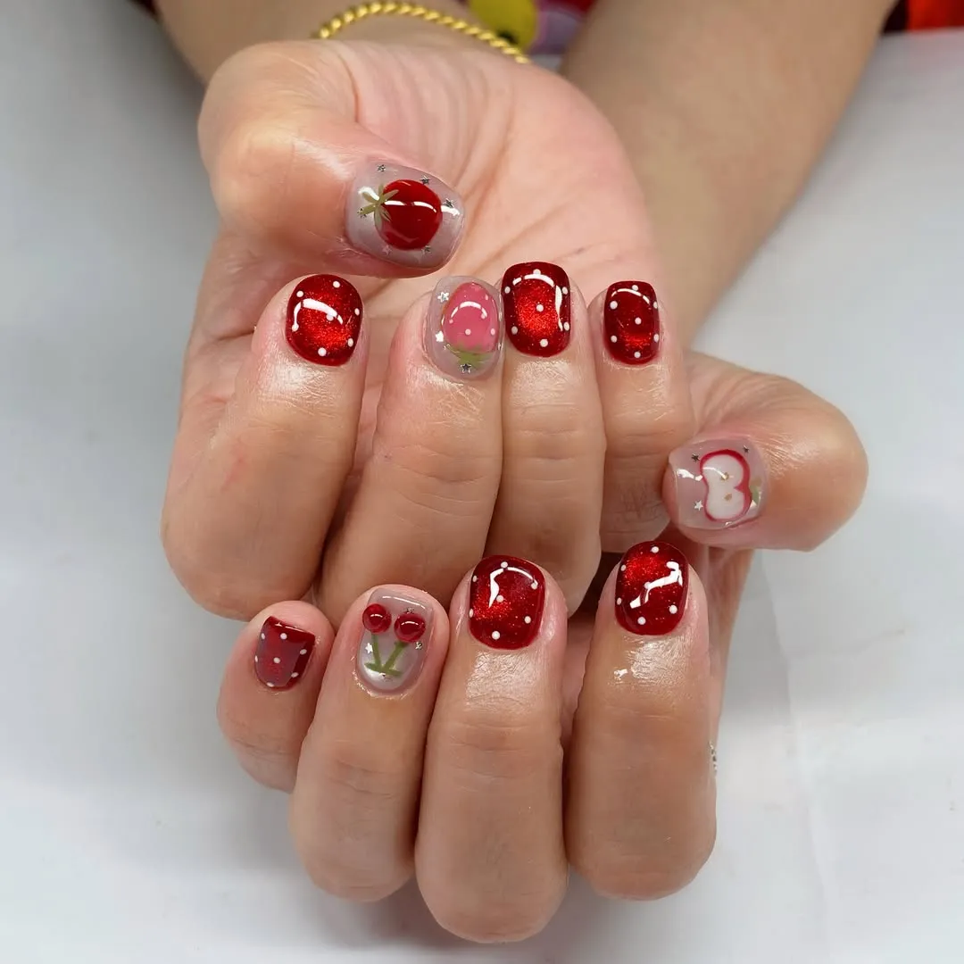 Glossy Red Polka Dots with Clear Fruit Accents