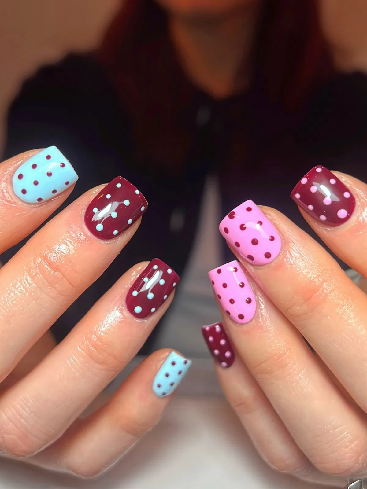 Color-Blocked Polka Dots in Blue, Pink, and Burgundy
