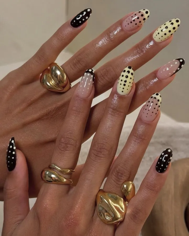 Multi-color polka dots: black, pale yellow, and pink