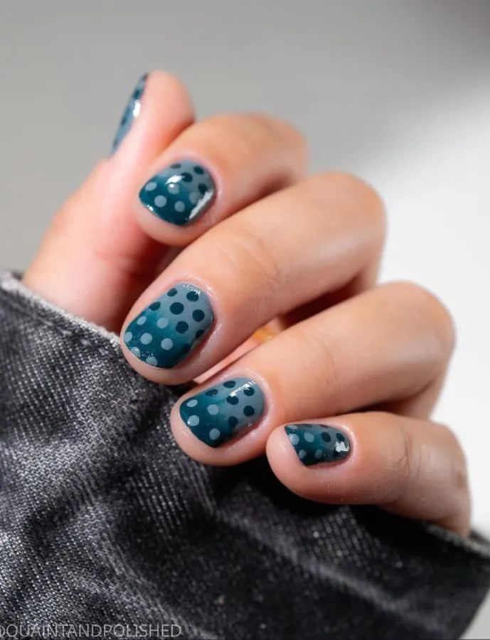 Teal short nails with two-tone polka dots