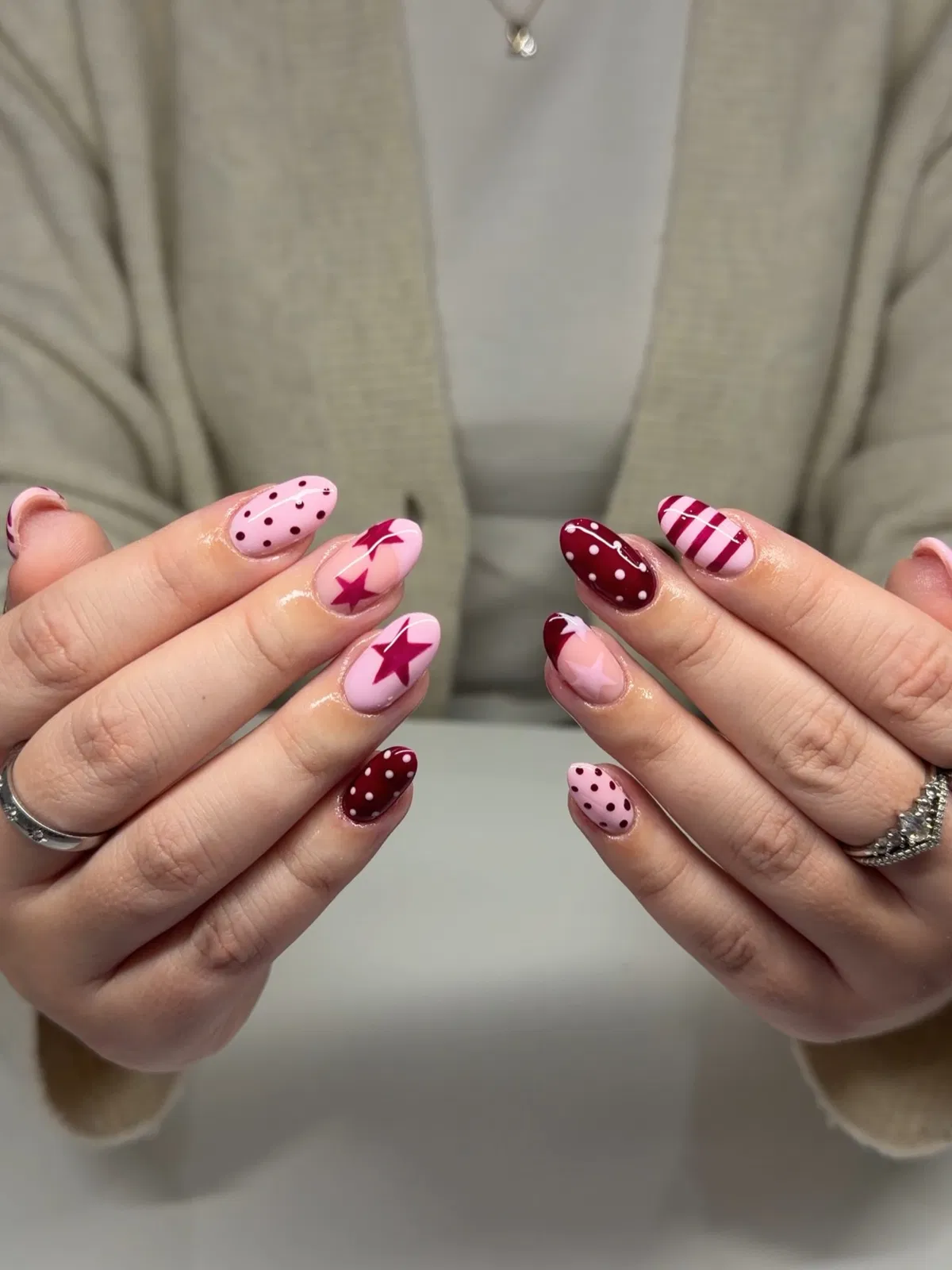 Burgundy Polka Dots with Stripes and Star Accents