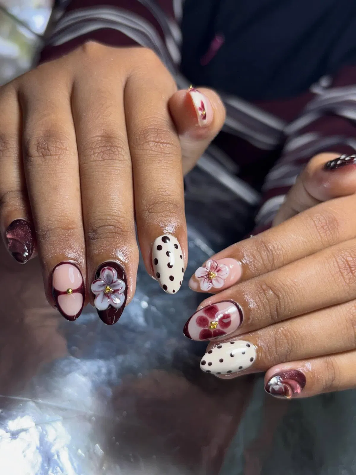Black polka dots with 3D floral accents
