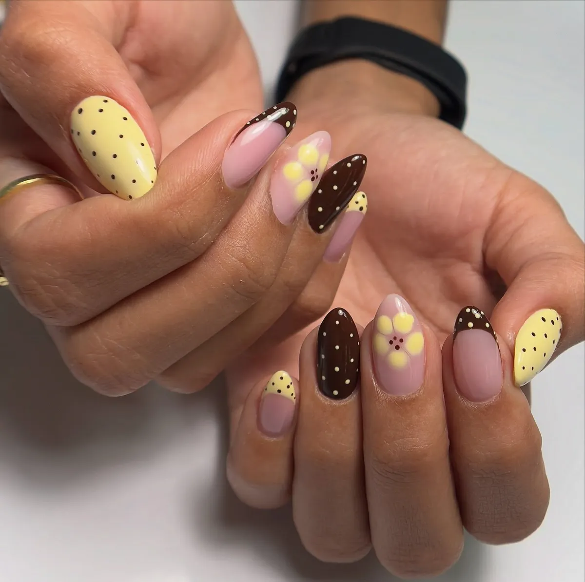Brown and yellow polka dots with yellow flower accents