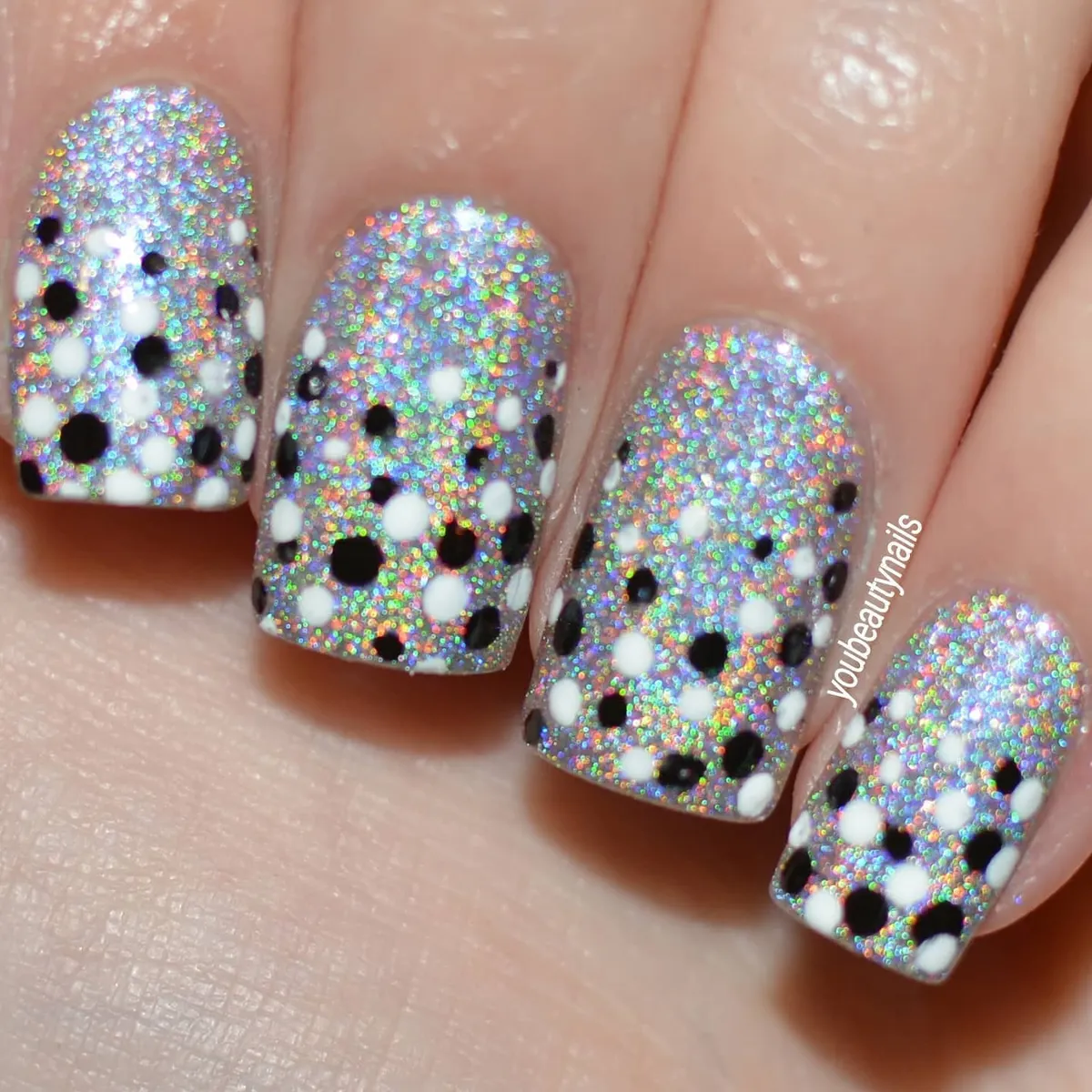 Holographic glitter base with black-and-white polka dots