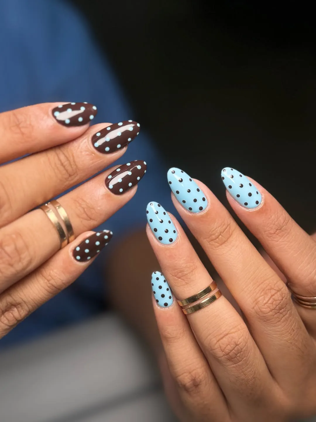 Brown and light-blue polka-dot contrast set