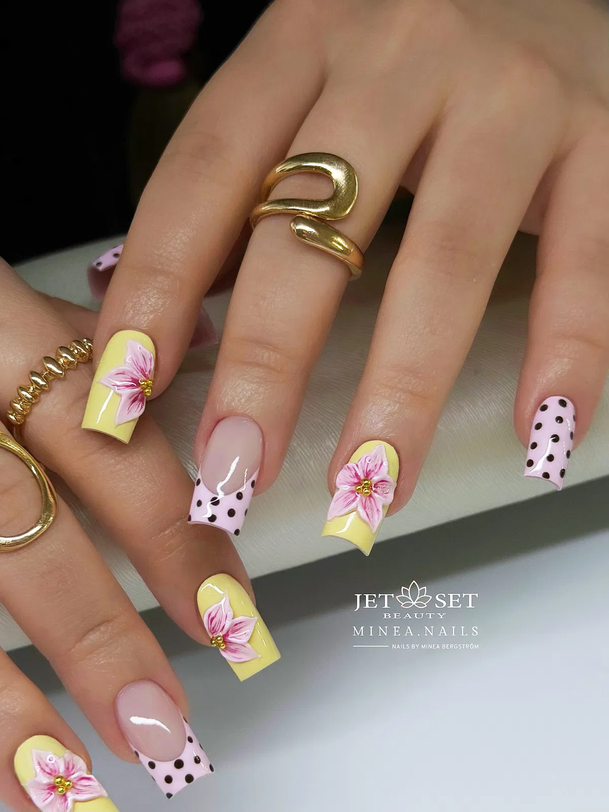 Yellow florals with polka-dot French tips