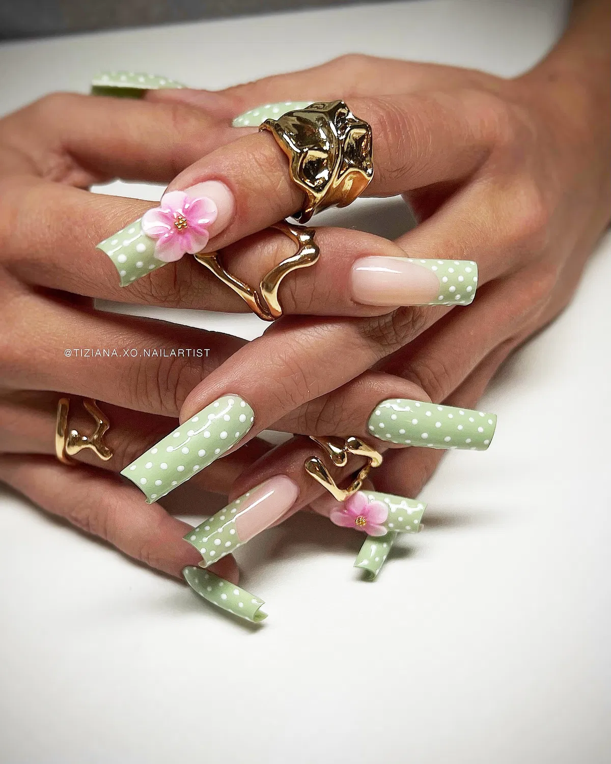 Sage green polka dots with pink flower accents