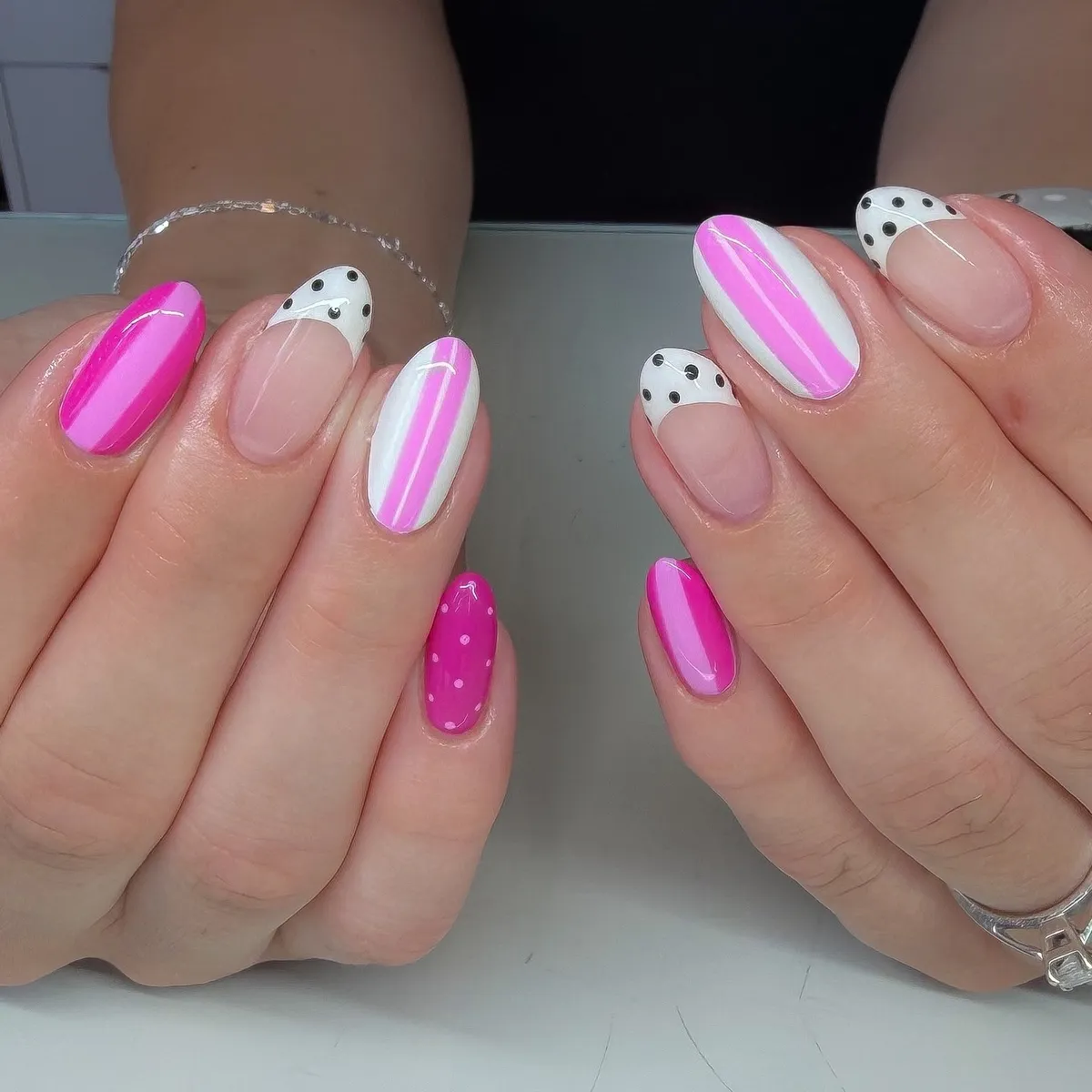 Pink stripes with dotted French tips