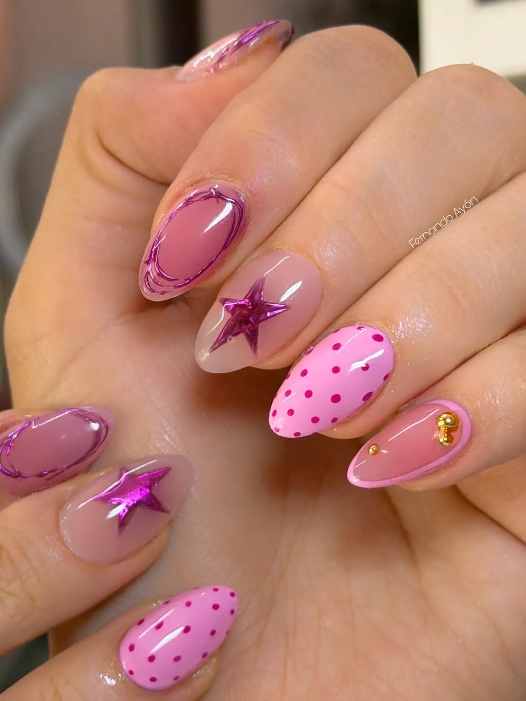 Pink polka dots with metallic star accents