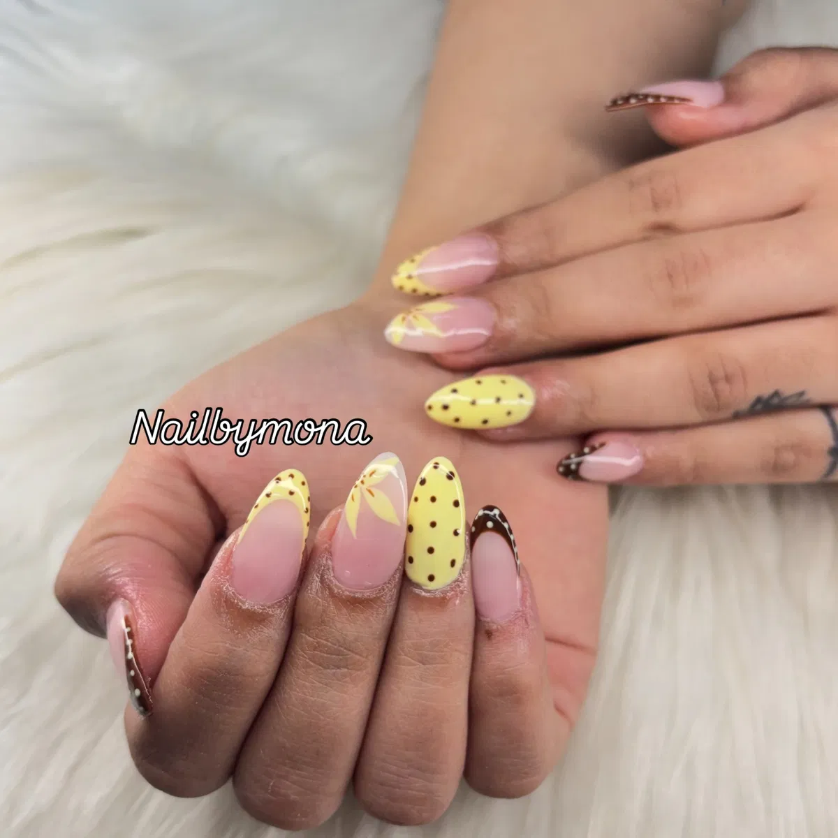 Yellow polka dots with nude bases and dotted outlines