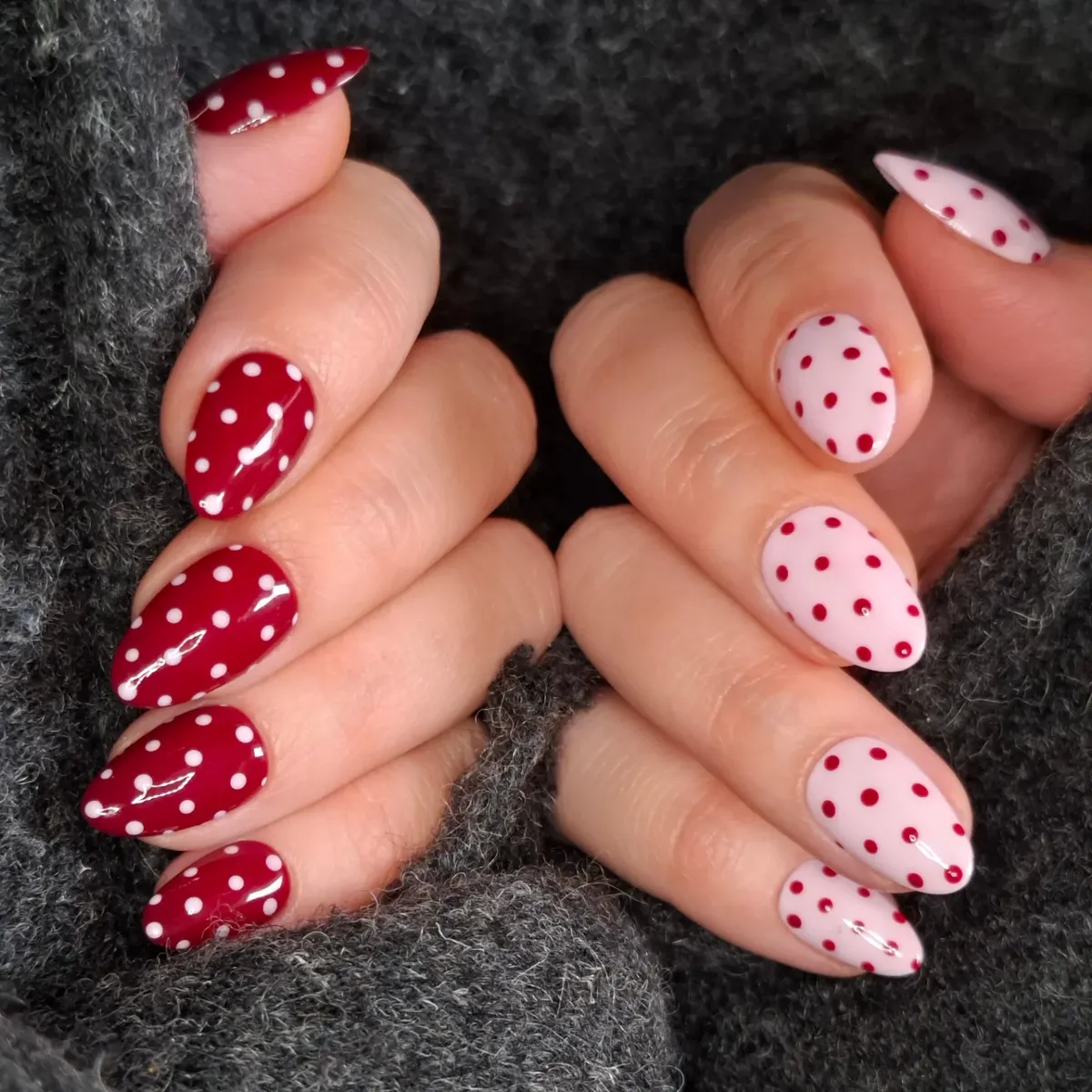 Red-and-pink polka dot color blocking