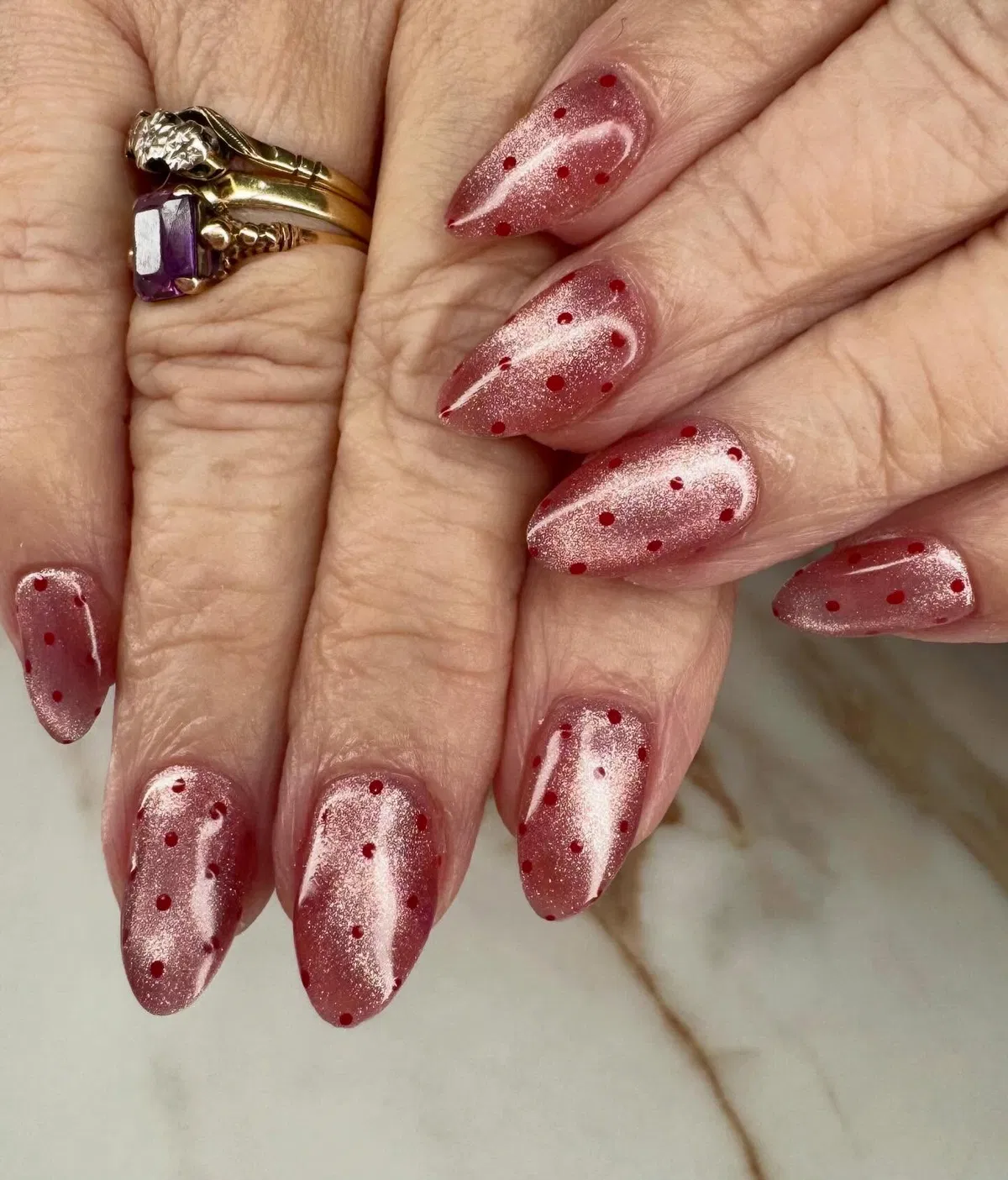 Metallic rose base with red micro polka dots
