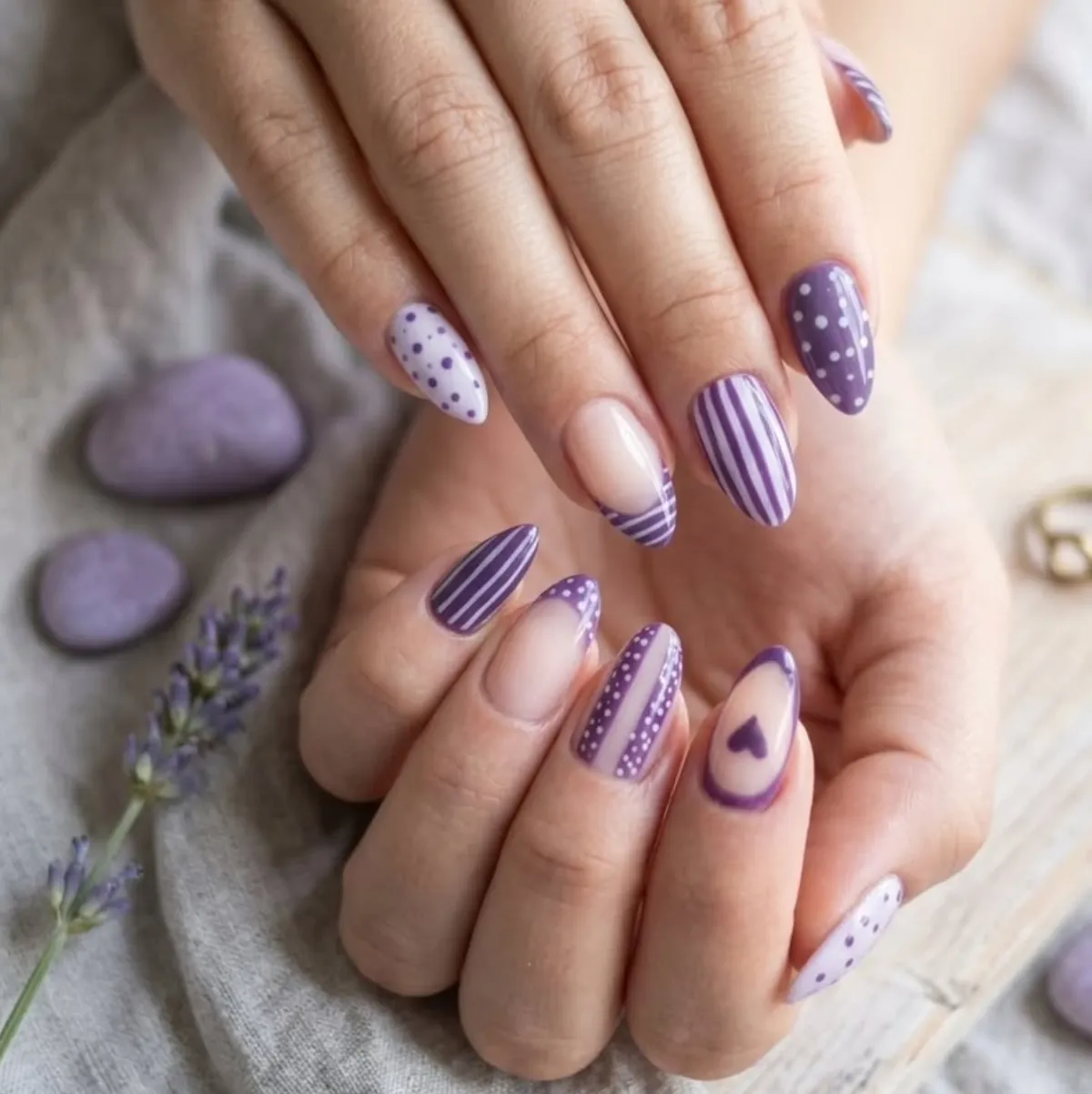 Purple mix-and-match: polka dots, stripes, and a heart accent