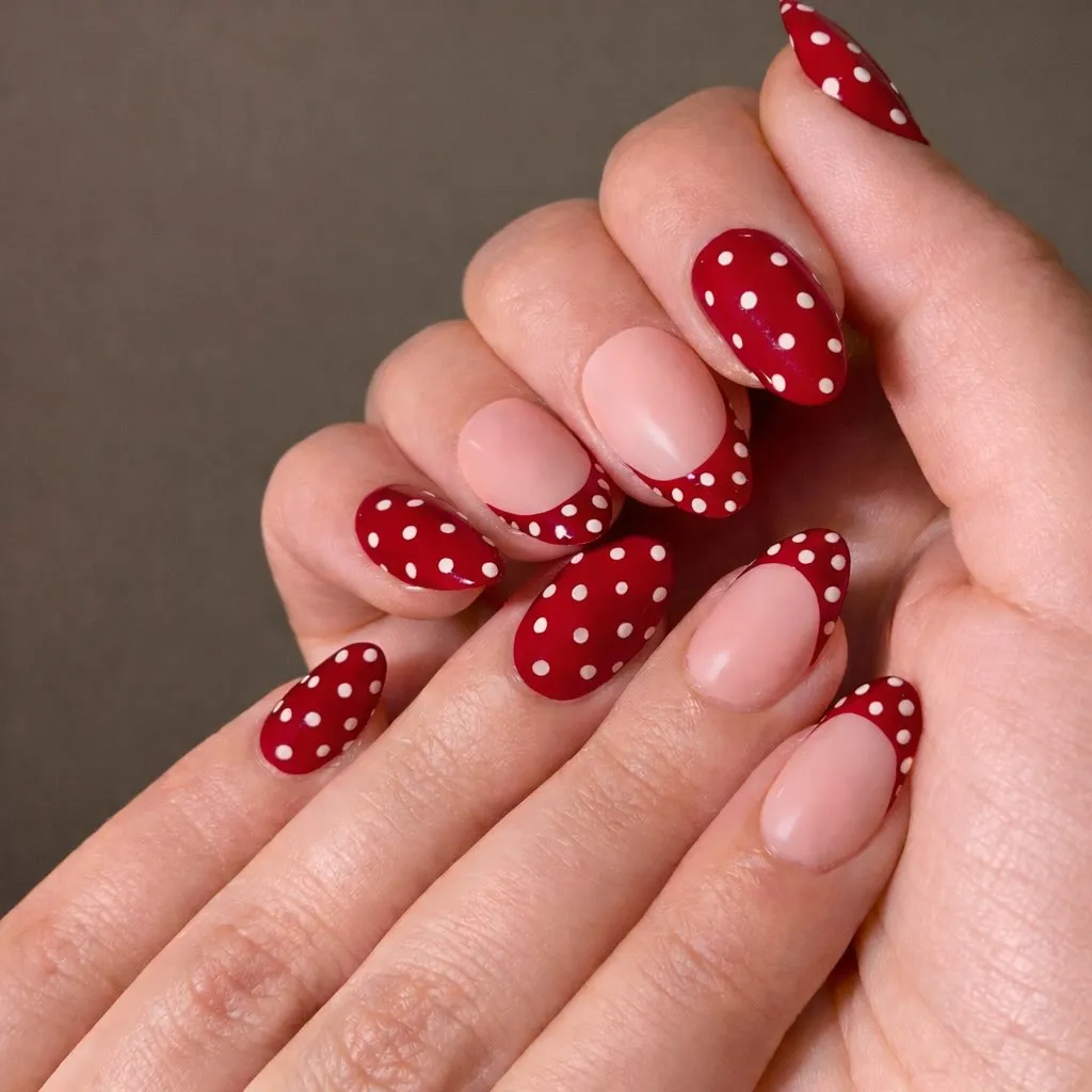 Deep red polka dots with nude negative-space accents