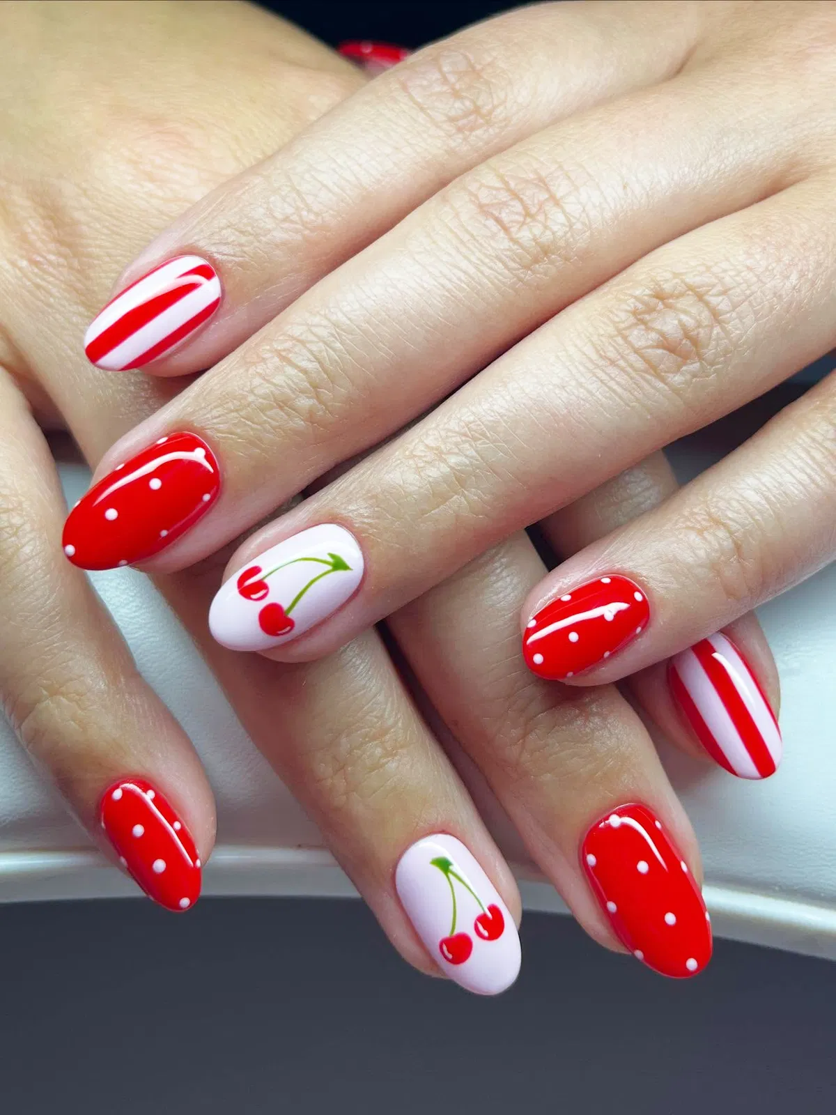 Cherry accents with red polka dots and red-and-white stripes