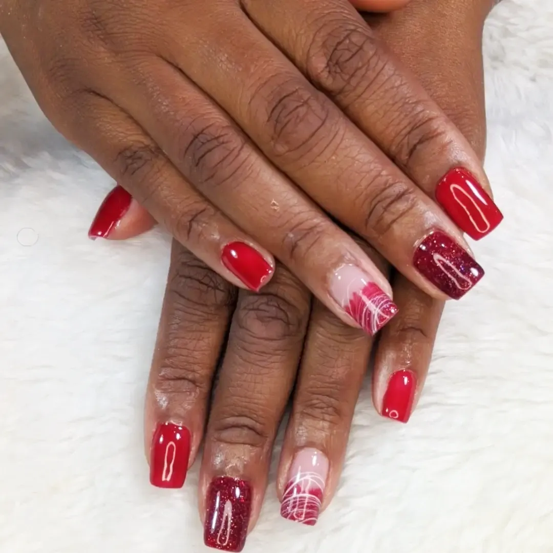 Solid red and glitter mix with line-art accent