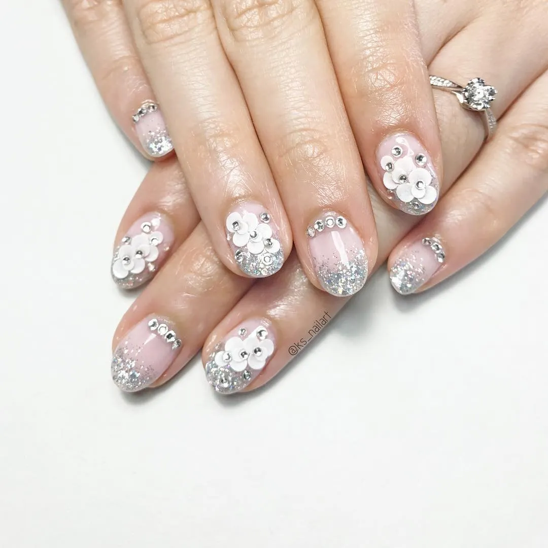 Pink Base with Silver Glitter Tips and 3D Florals