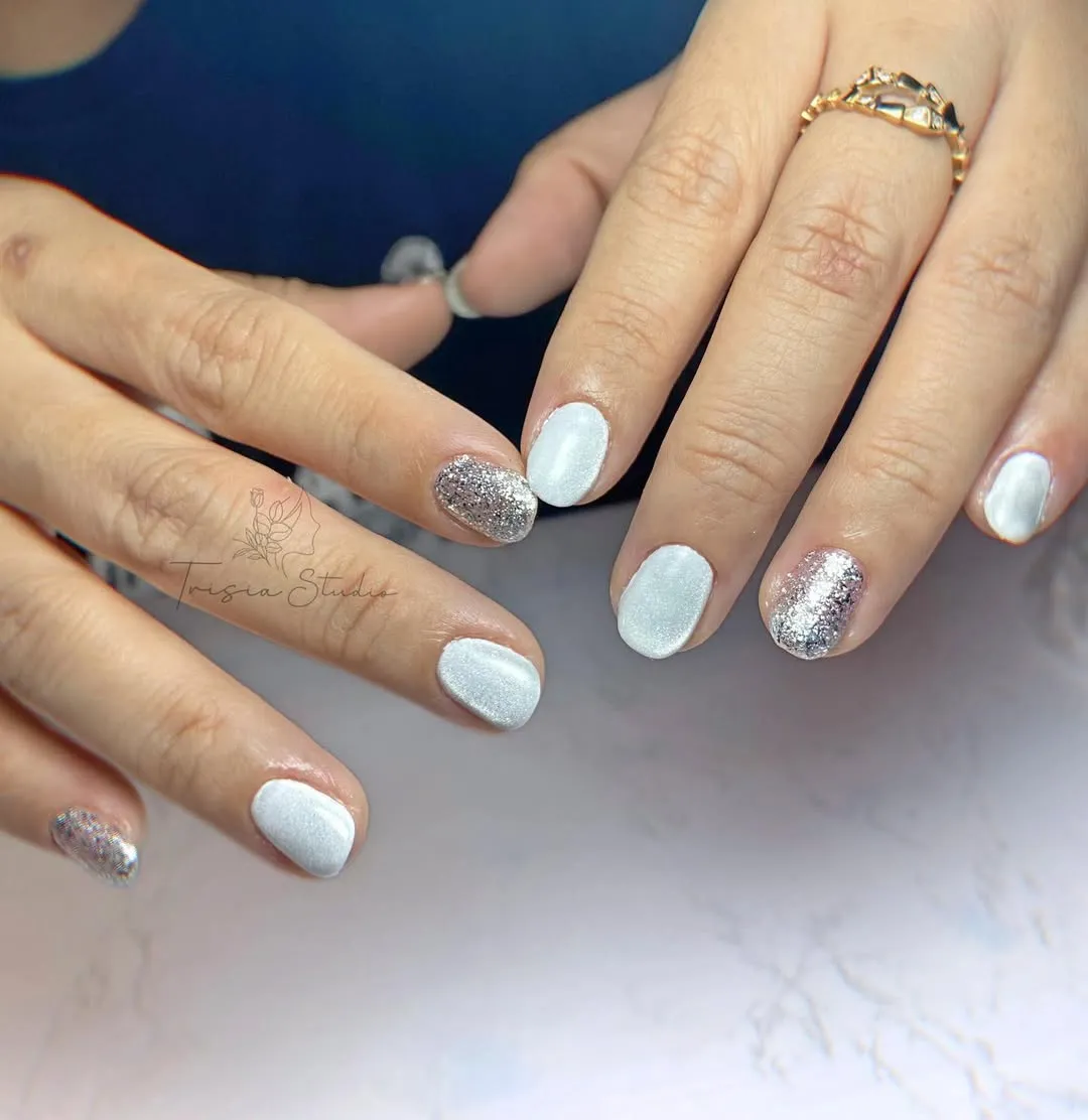Opaque white with silver-glitter accents