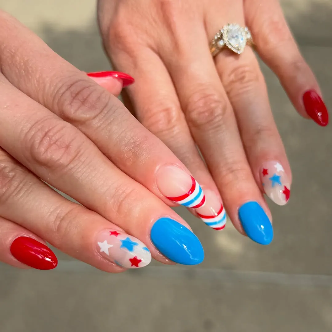 Almond red and blue with star confetti and curved stripes