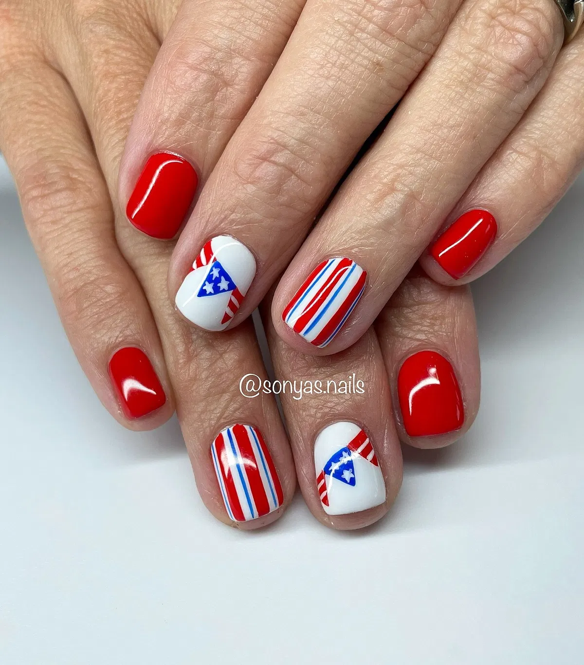 Red solids with graphic stripes and star triangle accents