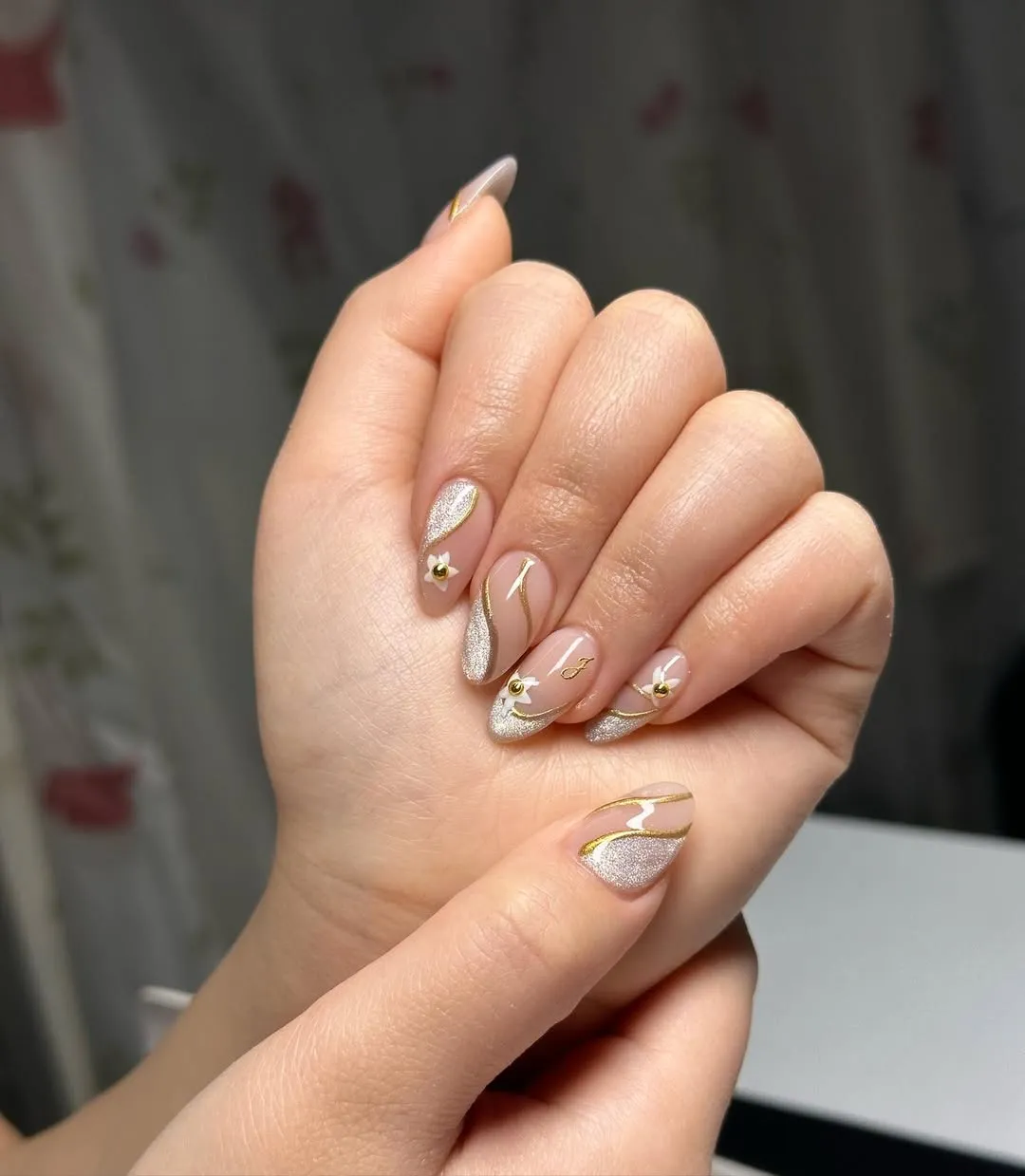 Sheer nude with silver glitter and gold line accents