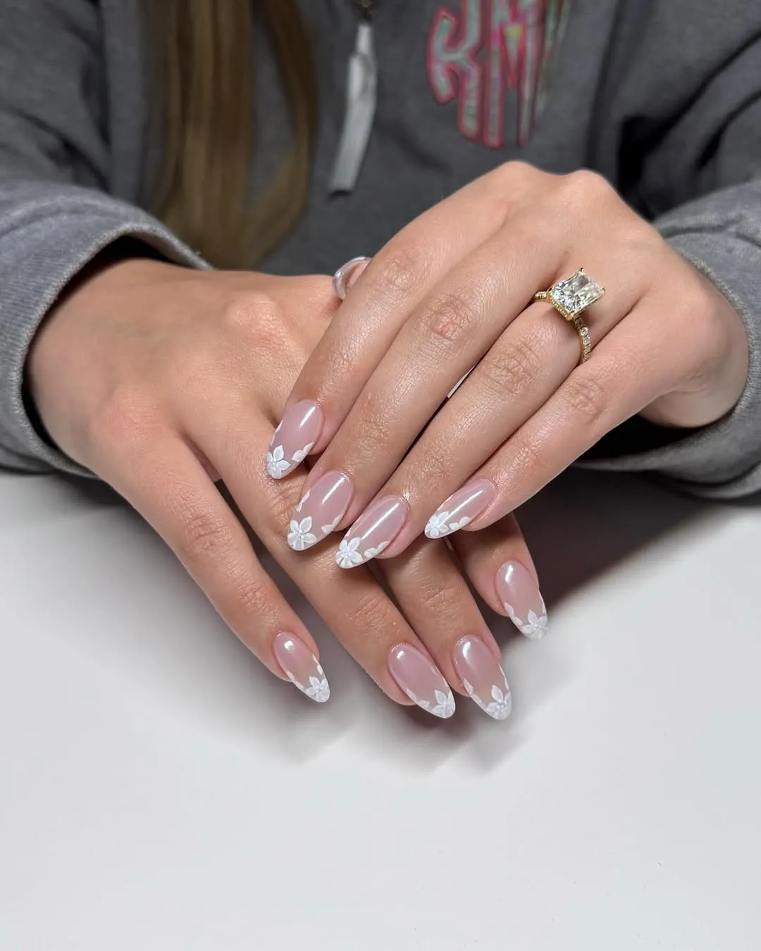 Sheer pink with white floral tip details
