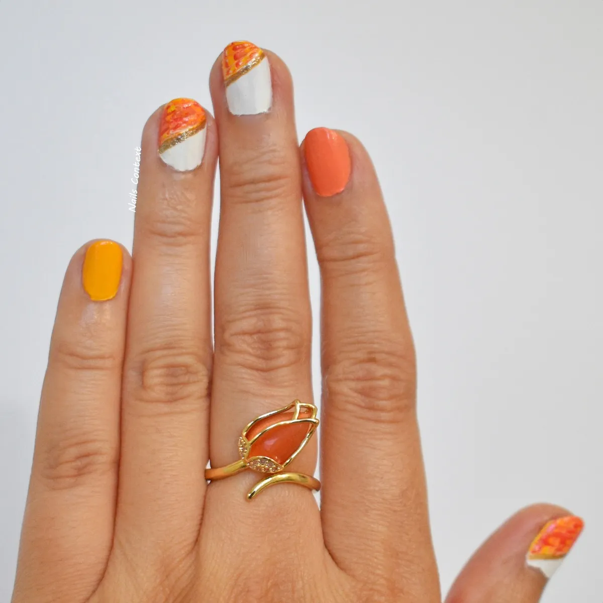 Orange-and-white diagonals with thin gold stripe