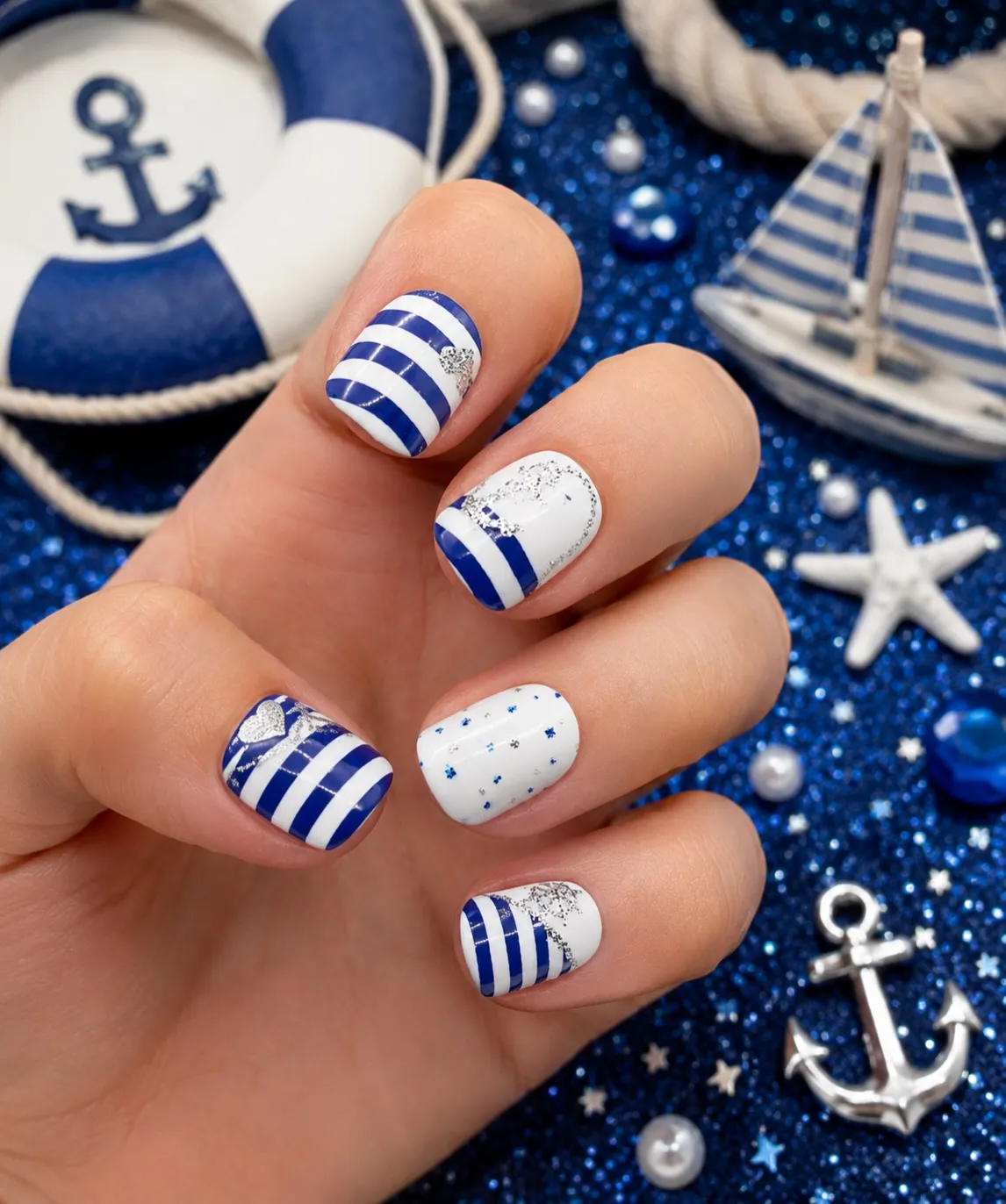 Blue-and-white stripes with speckles and silver accents
