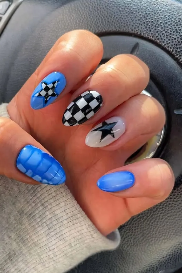Bright Blue Nails with a Checkered Accent