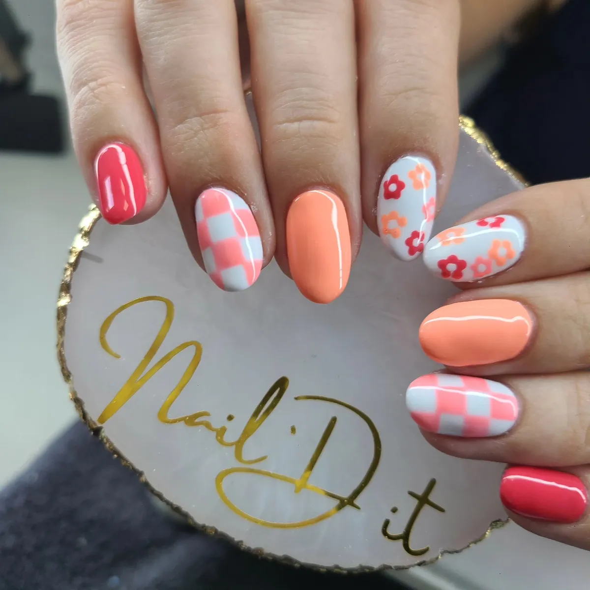 Peach and coral set with pink checkers