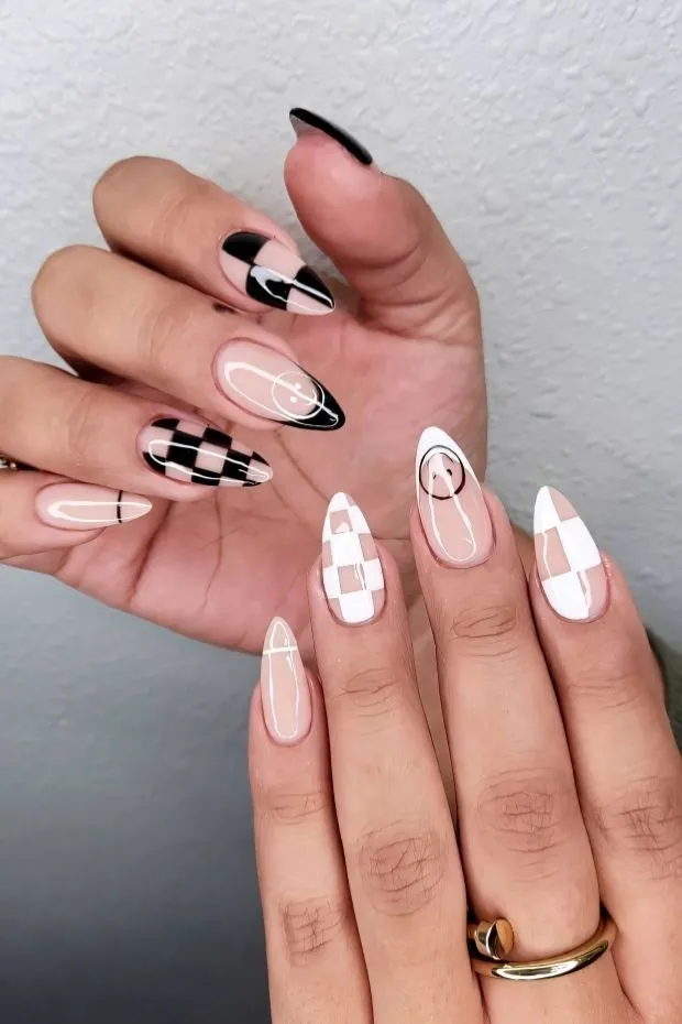 Neutral base with black-and-white checkered graphics
