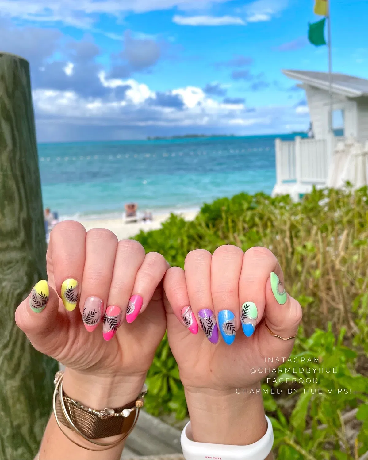 Bright tropical colors with black palm silhouettes