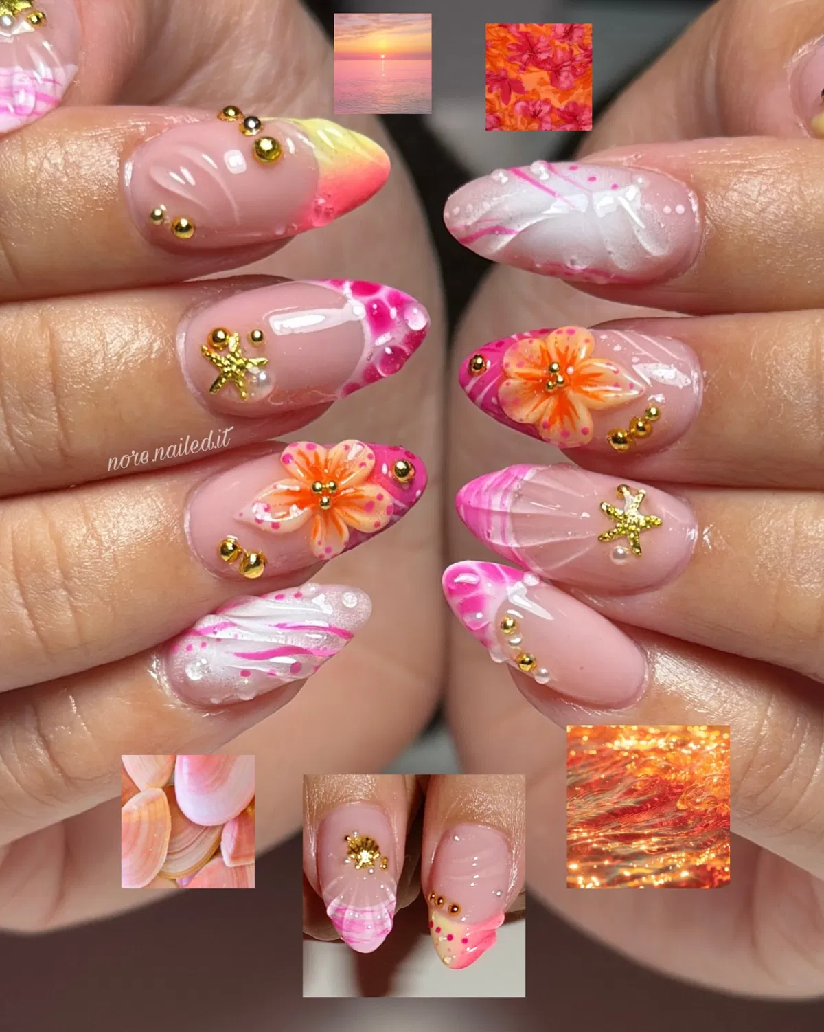 Embellished pink tips with 3D florals and starfish charms