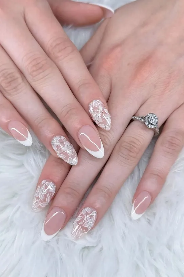Nude French tips with white lace florals