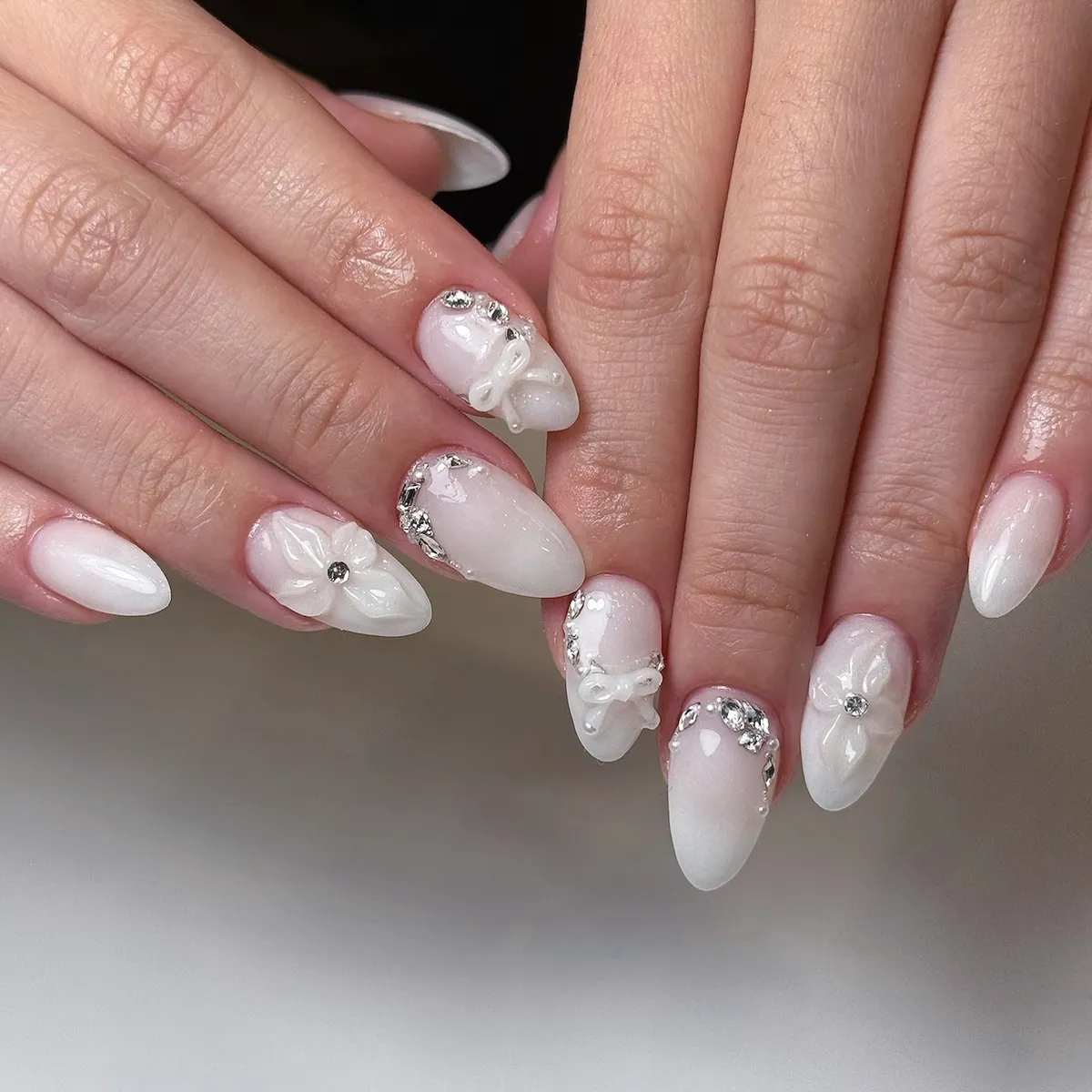 Milky White Nails with 3D Flowers and Cuticle Crystals