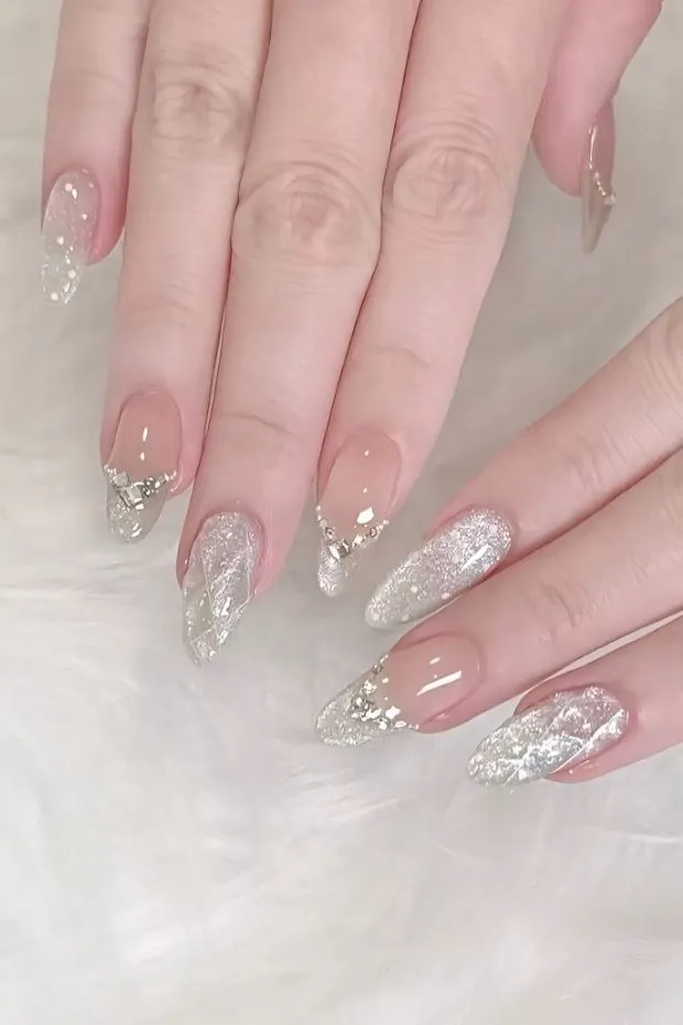 Nude Base with Silver Glitter Tips and Rhinestones