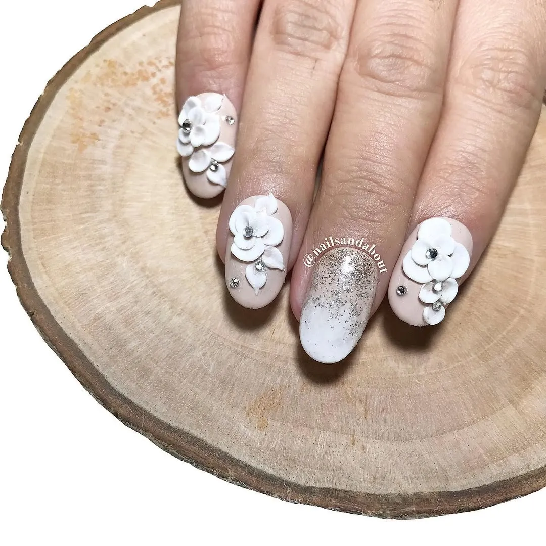 Nude Base with 3D White Flowers and Glitter Fade
