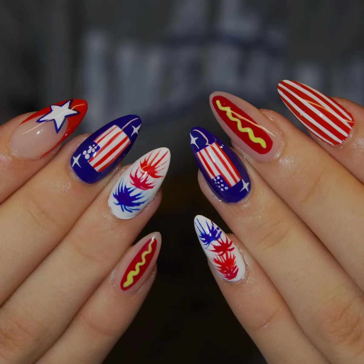 Graphic mix with stars, stripes, and flame-like bursts