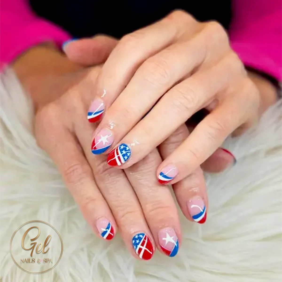 Diagonal red-and-blue tips with white linework