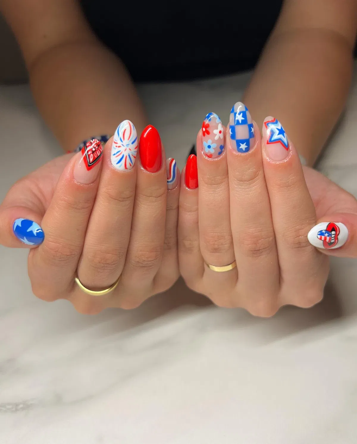 Eclectic mix with checkers, stars, florals, and lips graphic