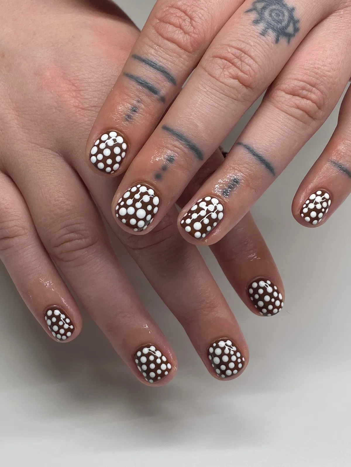 Brown Nails with White Polka Dots