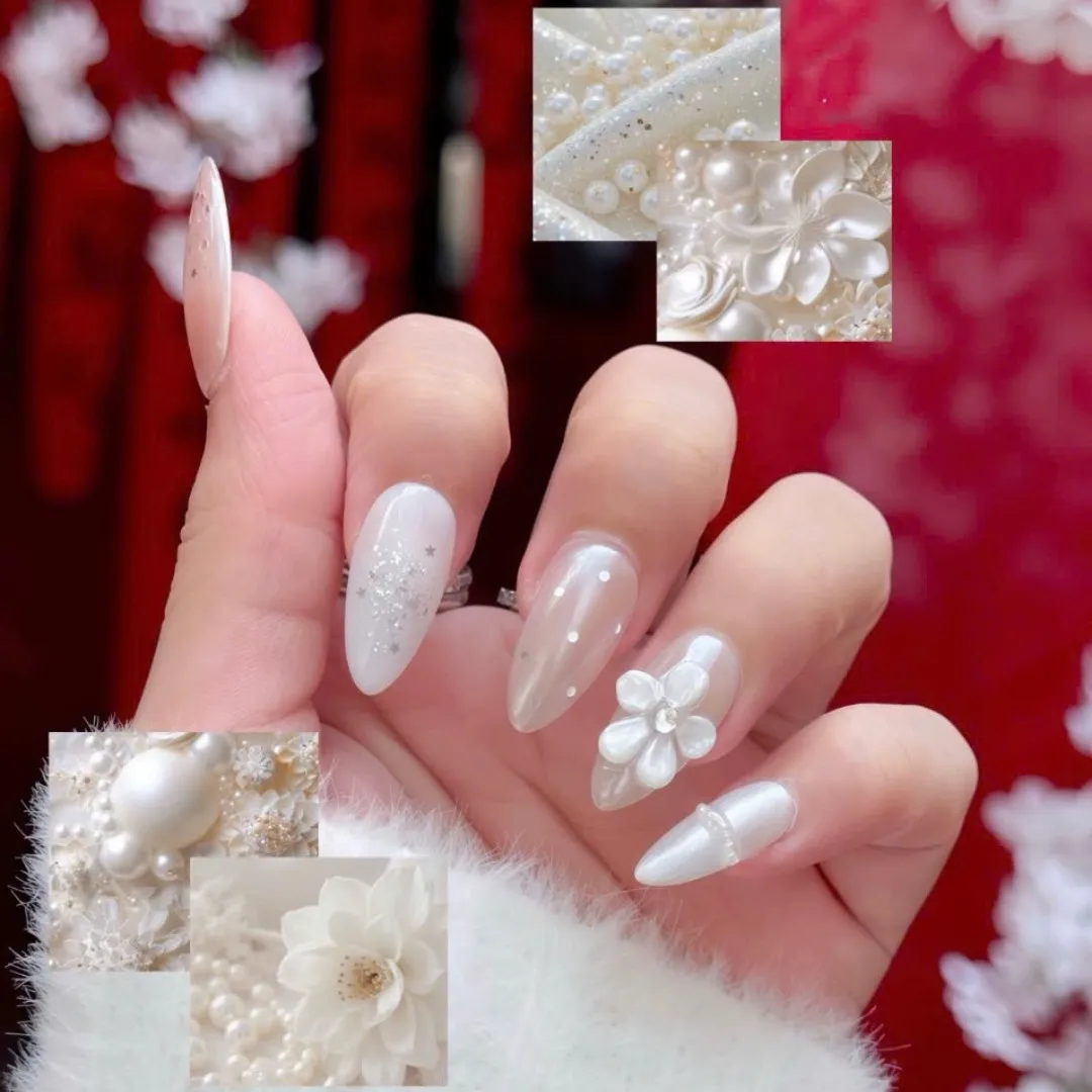 Milky neutrals with glitter stars and a 3D flower accent