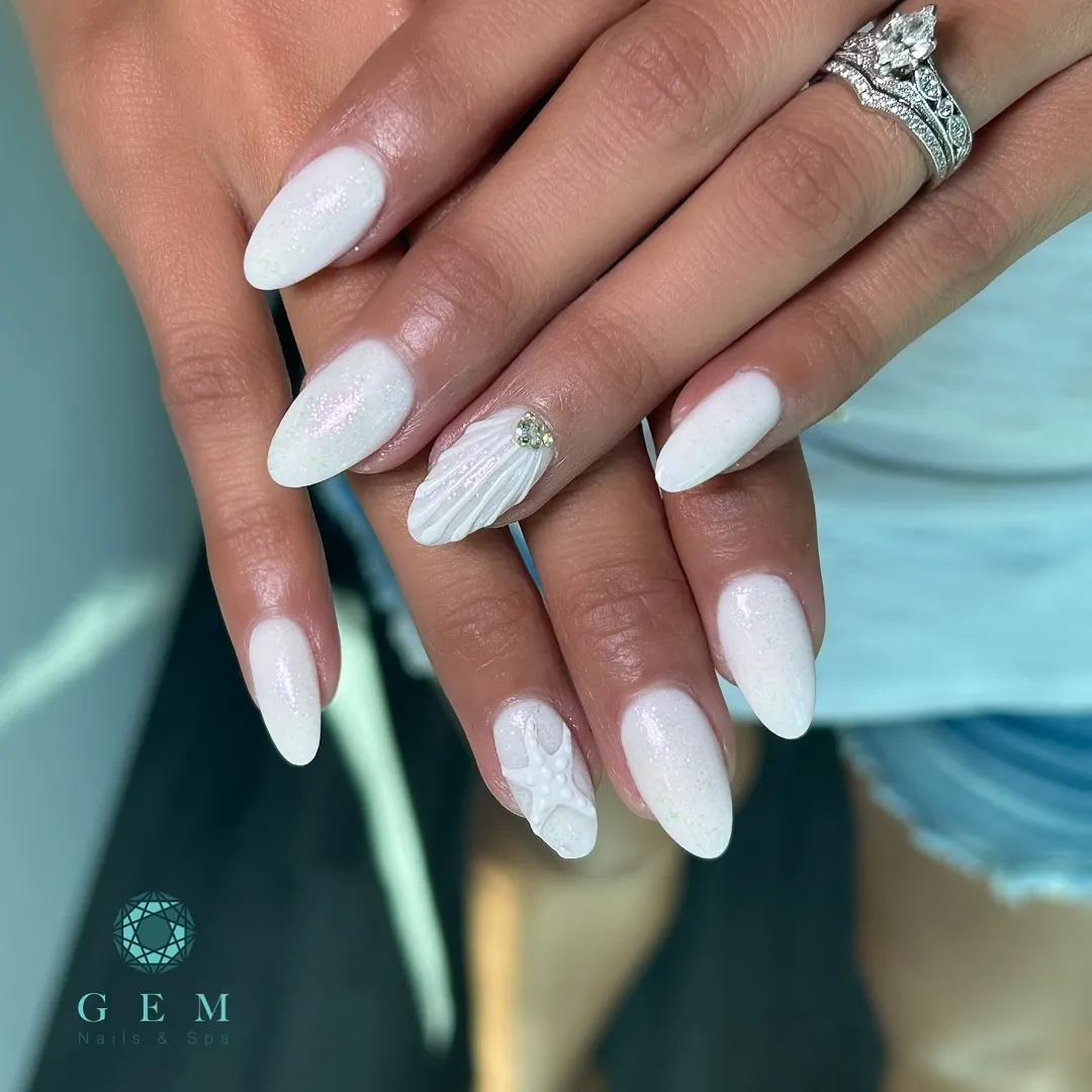 Milky white shimmer with textured 3D accents