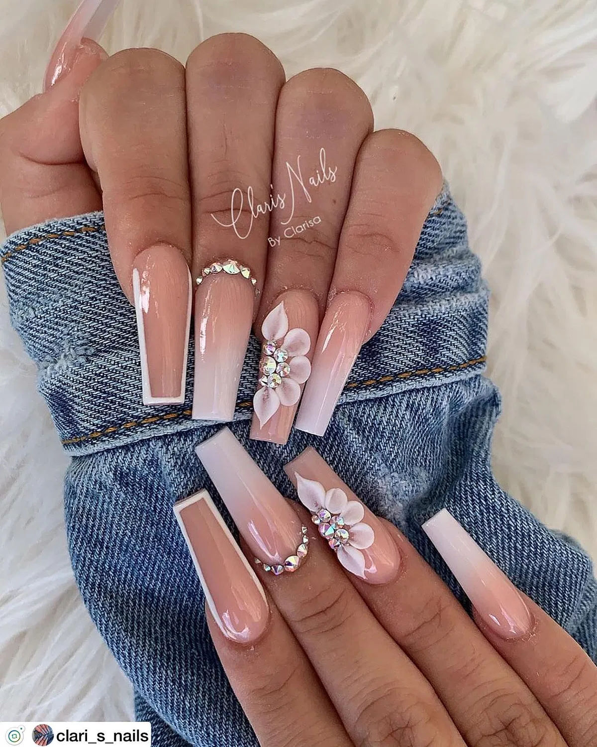 Coffin nails with soft nude base, white tips, and 3D florals