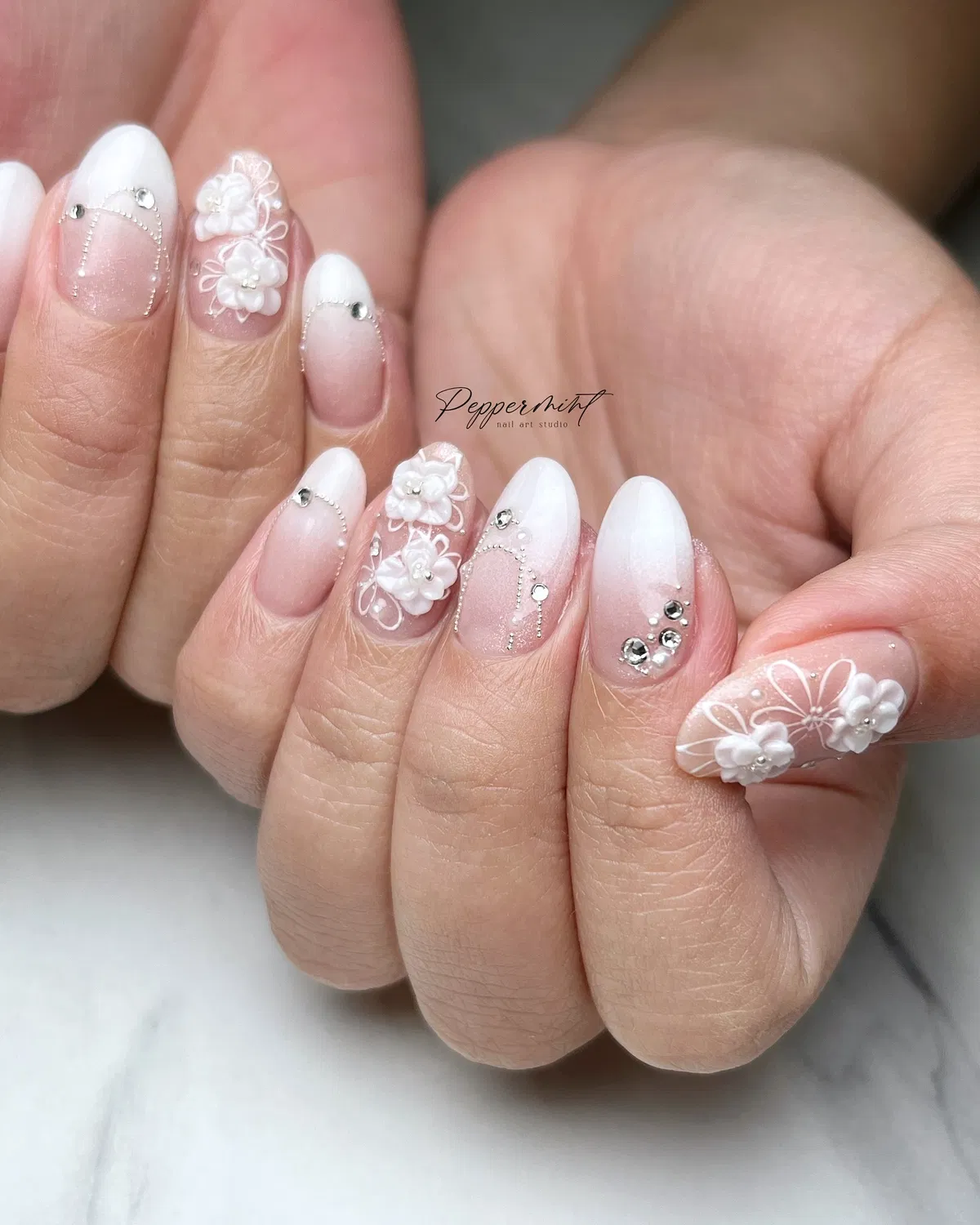 French ombré with 3D florals and rhinestone details