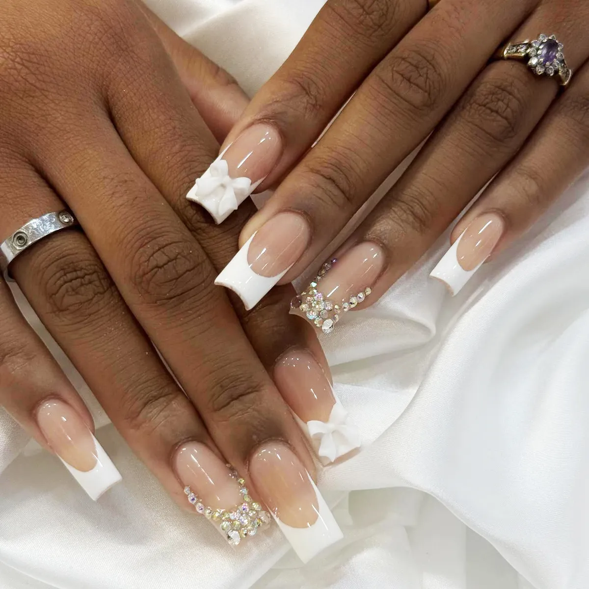 Square French tips with rhinestone clusters and 3D flowers