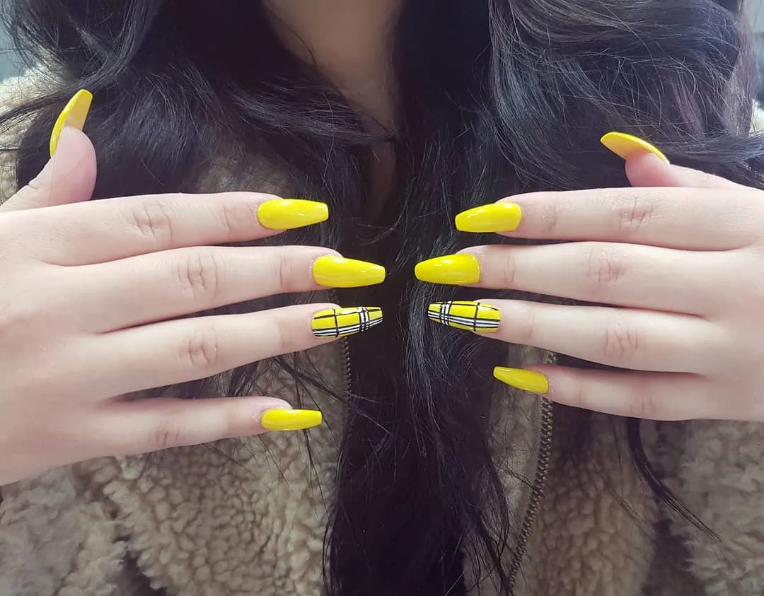 Bright Yellow Nails with Minimal Plaid Accent Nails