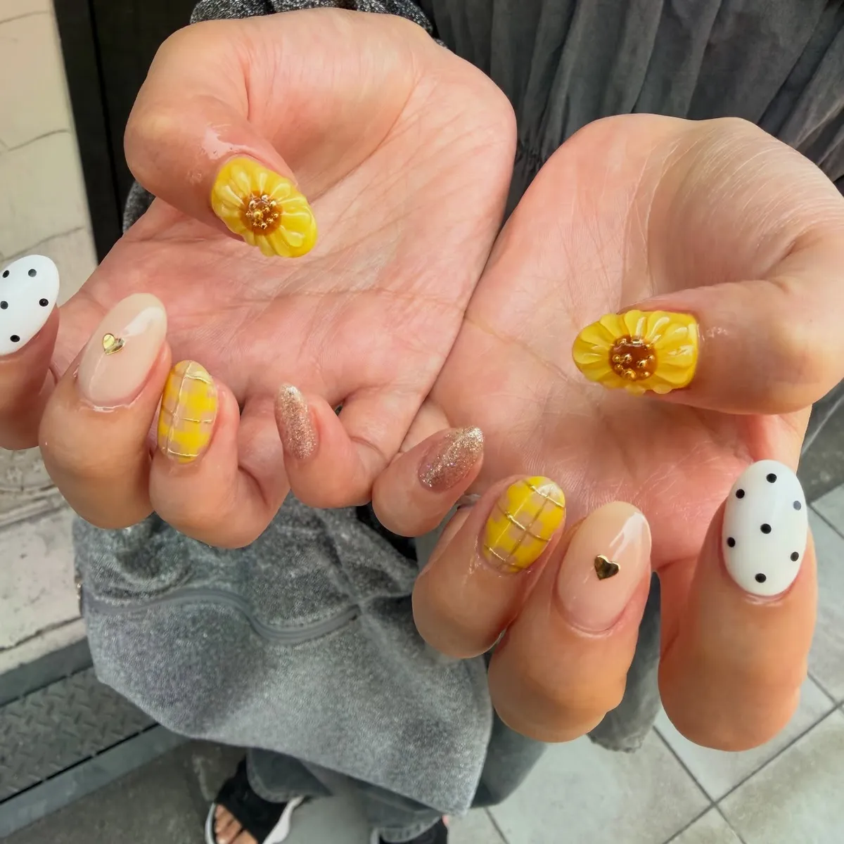 Yellow plaid accents with 3D flowers, polka dots, and heart studs