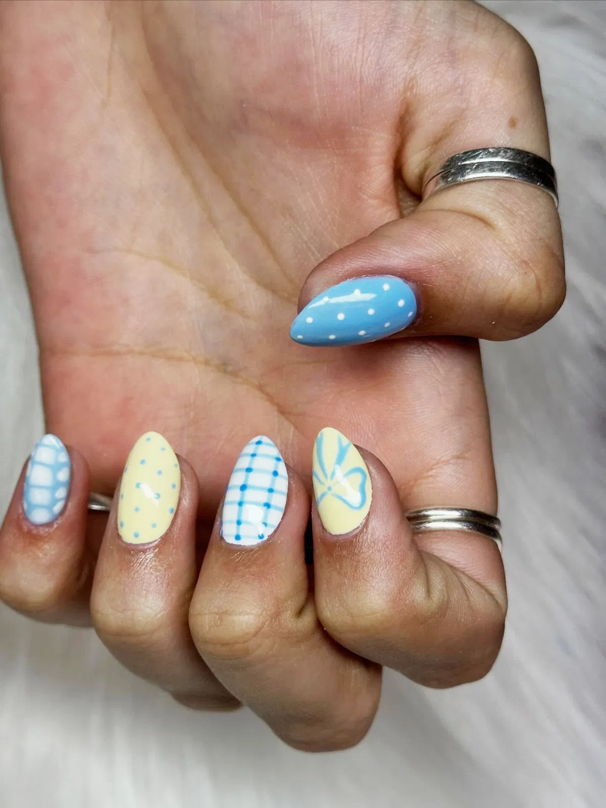 Blue grid accent with pale yellow and polka-dot mix