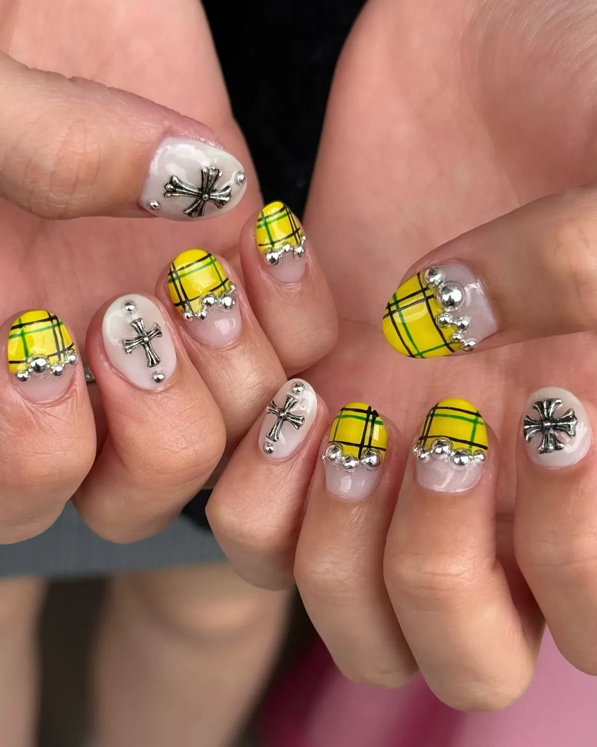 Yellow plaid tips with metallic crosses and bead accents